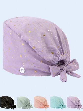 1pc Women's Polyester Metallic Shooting Star Print Work Hat/Nurse Cap, Anti-Bacterial & Dust-Proof, Adjustable Elastic Band, Sweatband Lining, Mask String Hook, Suitable For Medical Staff, Beauty Salon, Veterinary, And Cleaning Workers