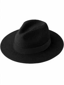 1 pièce Chapeau de paille panama à large bord unisexe, chapeau de plage, chapeau de soleil, chapeau habillé, chapeau fedora