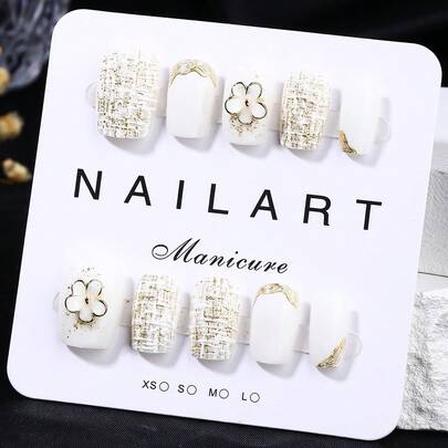 10件套，白色，短梯形，按压式指甲，可穿戴美甲，手工制作，优雅大方的设计，高端法式风格，凝胶抛光，闪粉，猫眼效果，全覆盖假指甲片，填充各种形状的3D金属、大颗水钻和指甲宝石，附带1管果冻胶、1根指甲棒和1条抛光胶带。美甲用品