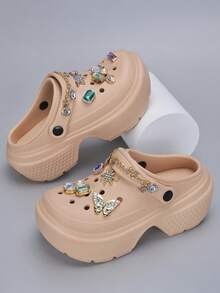 Revreal Black Platform Clogs with Colorful Rhinestone Charms and Chain可愛波西米亞Preppy學院度假時尚Casual休閒Outdoor戶外 - 卡其色 - 查看 1