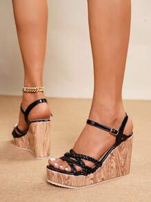 Women's Platform Wedge Sandals, Thick Sole Sandals, Hemp Rope Flats, Suitable For All Seasons, Vacation, Party, Casual, Beach, Wooden Texture Elegant Beach Holiday Buckle Sandals