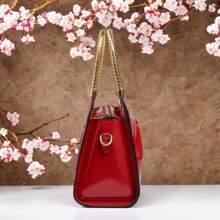 1 pieza Bolso de mano con gran lazo, con asas doradas, disponible en varios colores - rosa, rojo, blanco, azul, caqui, negro, marrón, hecho de material de PU, cierre con cremallera, apropiado para salir y para llevar lo necesario diario, nuevo lanzamiento 2025
