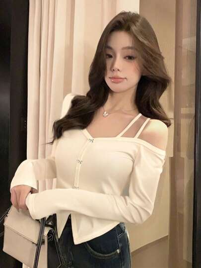 Apricot Elegant Bow Strap Sexy Cold Shoulder Long Sleeve Top For Women, Suitable For Dates, Outings, And Commuting, Christmas, Autumn/Winter