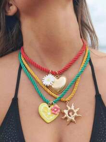 可叠戴的柠檬心形太阳吊坠项链，时尚、心形、花朵、设计、复古风格、多巴胺链、珠宝 - 彩色 - 查看 8