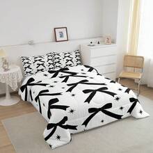 Black Bowknot Comforter Set,Dreamy Princess Stars Styles Bedding Set Twin Size,Girls Bedroom Room Decor,Kawaii Black Bow Tie Comforter,Cute Bow Girly Bed Set For All Season - 黑色 - 查看 2
