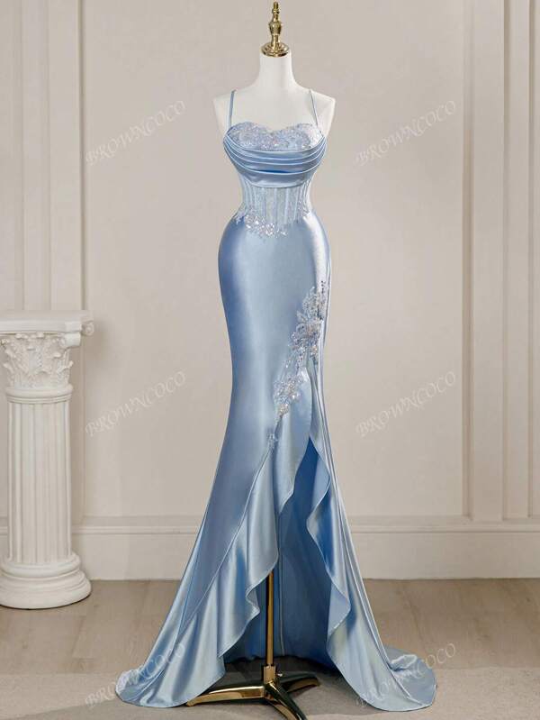 Abito da sera elegante e lungo donna con plissettature a spina di pesce, bandeau, adatto per cene, lauree, festival, balli e matrimoni