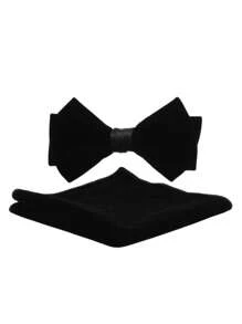 Men's Cotton Velvet Bowknot & Pocket Square Matching Set - Solid Color Formal Wedding Party Accessories