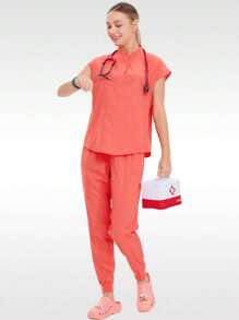 1 Set Solid Color Fashion Stand Collar Quick-Dry Elastic Nurse Uniform Set, Suitable For Women /Beauty Care/Office/Home, Including Top & Tapered Pants