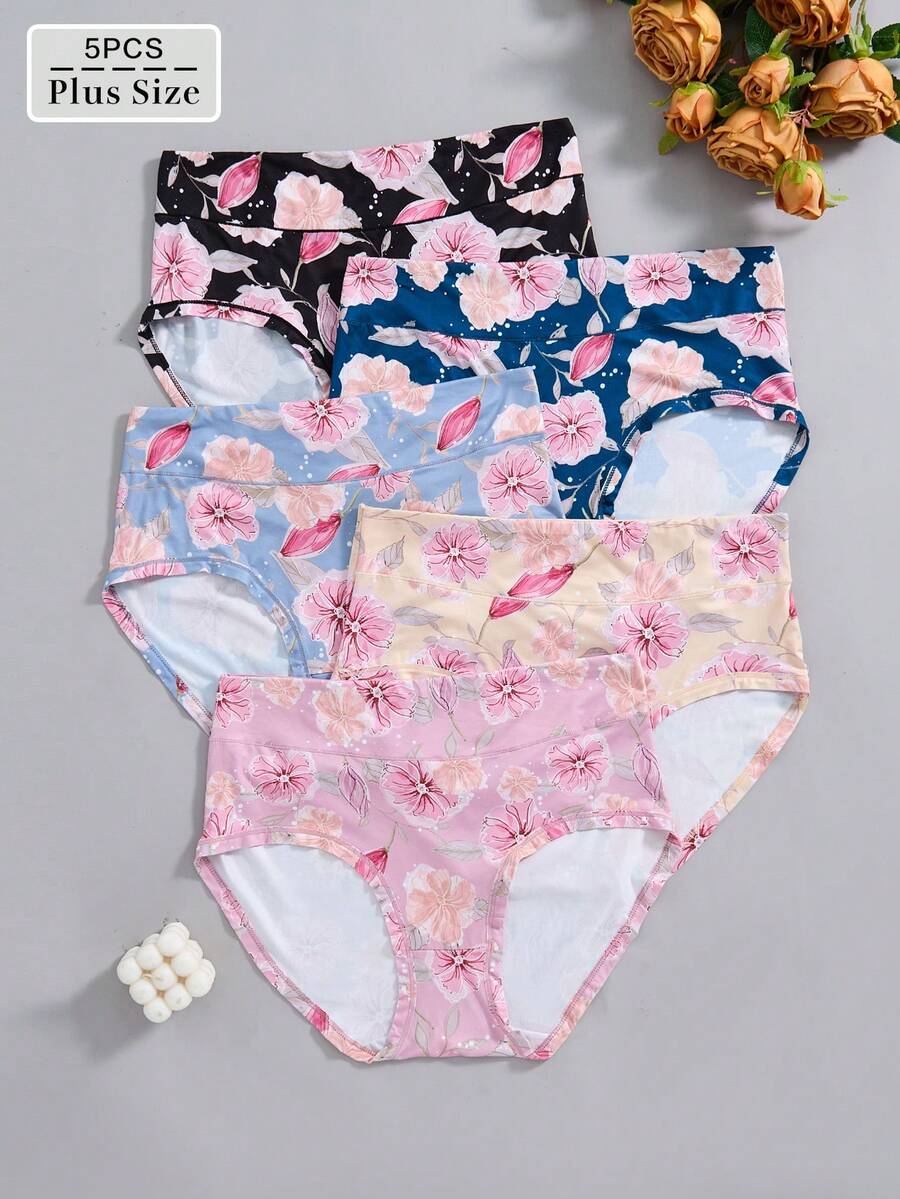 5 peças/pacote Calcinha de Maiô Bikini de Cintura Alta Confortável com Estampa de Girassol em Plus Size