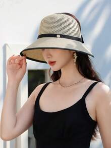 1pc Women Summer Sun Hat, Fashionable Simple Large Brim Hat With Bow, Versatile Sun Protection Hat For Summer - Multicolor - View 14