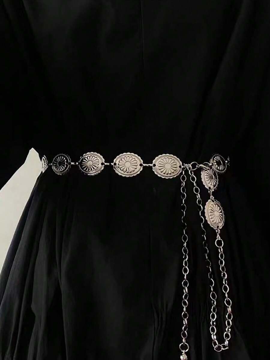 1 件女士银色椭圆形合金超长腰链，高端金属链腰带，适合连衣裙、西装、中国传统服装，时尚百搭