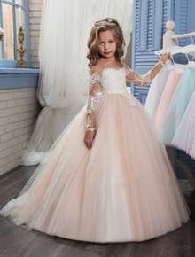 Girls' Train Wedding Dress Pompadour Dress Piano Performance Flower Child Dress Long Sleeve Princess Dress Children's Train Dress - Hồng - Xem 1