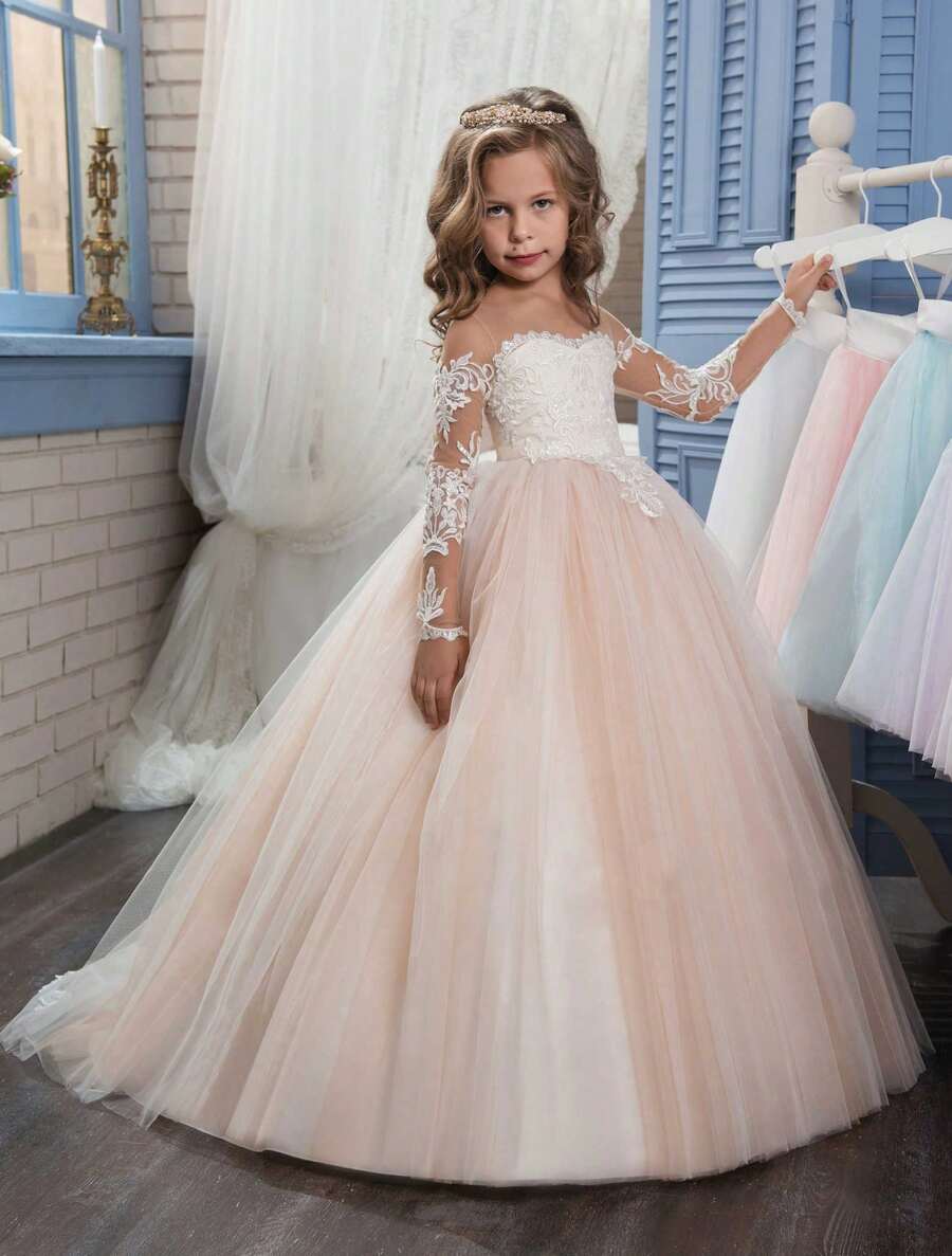 Girls' Train Wedding Dress Pompadour Dress Piano Performance Flower Child Dress Long Sleeve Princess Dress Children's Train Dress - Hồng - Xem 1