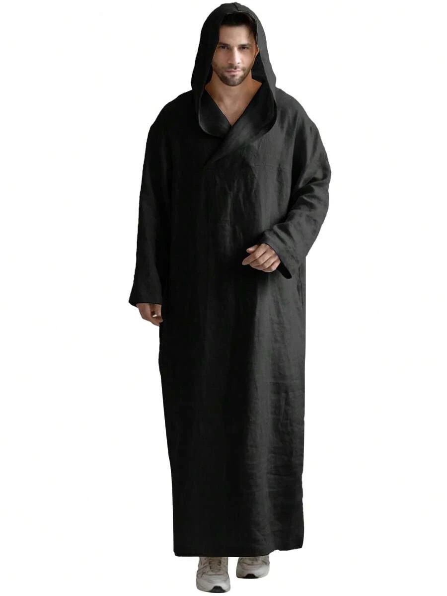 Bata con capucha de manga larga y largo para hombre, ropa con estilo retro árabe - Negro - Ver 1