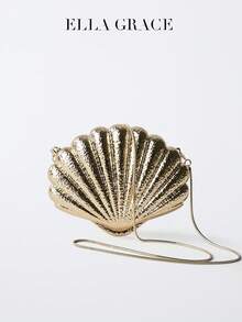 ELLA GRACE Shimmering Gold Textured Shell Chain Shoulder Bag Clutch - Adjustable Strap For Parties, Weddings, Dates, Galas, Prom, Cocktails, Vacations, Dimensional Evening Purse Unique Statement Piece - Gold - View 1