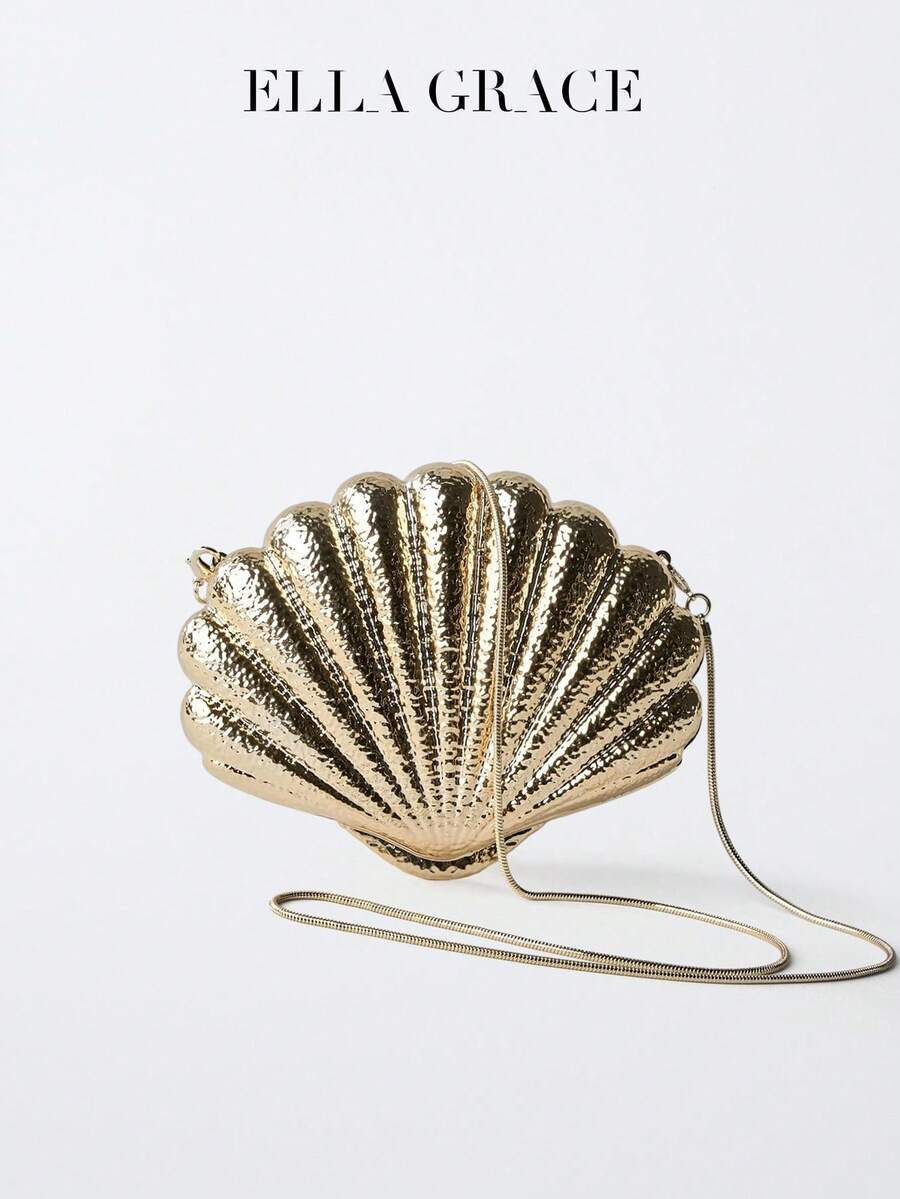 ELLA GRACE Shimmering Gold Textured Shell Chain Shoulder Bag Clutch - Adjustable Strap For Parties, Weddings, Dates, Galas, Prom, Cocktails, Vacations, Dimensional Evening Purse Unique Statement Piece - Gold - View 1