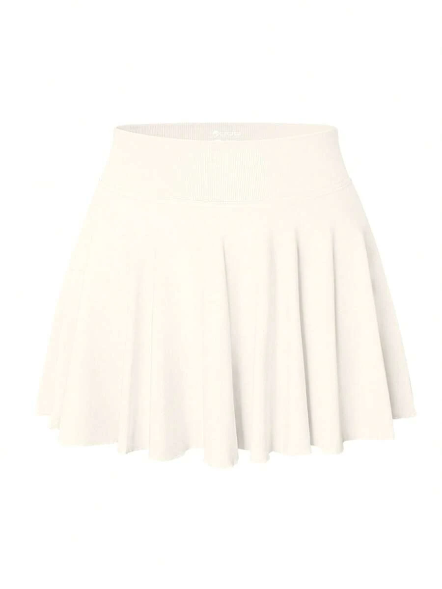 Women One Piece Skirt 2 In 1 Flowy Basic Versatile  Stretchy Flared Casual Mini Skirts - 米色 - 查看 1