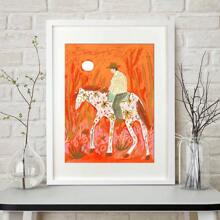 1 pieza Póster de lienzo con diseño de vaquero de dibujos animados vibrante - Arte de pared minimalista moderno, decoración del hogar sin marco para sala de estar, dormitorio u oficina, con fondo floral colorido y tonos naranjas cálidos, regalo perfecto para espacios con temática occidental, decoración del hogar de estilo occidental