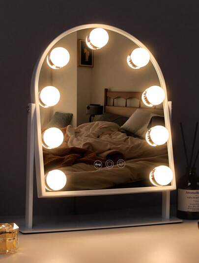 FENCHILIN FENCHILIN Espejo de Maquillaje Curvo con 9 Bombillas, Espejo con Luces LED, 25cm x 30cm, Estilo Europeo Dormitorio, Espejo de Maquillaje para el tocador, Ajustable Tres Luces, Blanco