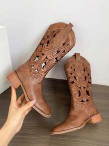 Retro Brown Western Cowboy Boots, Women Spring Autumn 2025 New V-Cut Hollow Mid-Calf Rider Boots, Vintage Style