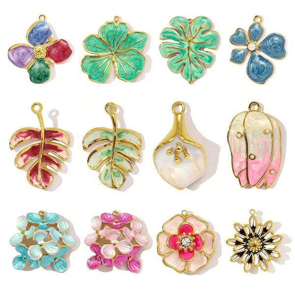 1pc Stainless Steel DIY Jewelry Accessory, Droplet Flower & Leaf Garden Series Pendant - Suitable For Necklace, Bracelet, Earring Decoration