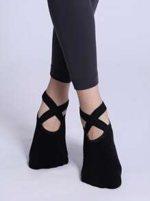 1 Par de Meias de Yoga Pretas, Ponta Redonda, Bottom de Tecido Atoalhado Macio e Confortável, Tira Cruzada Antiderrapante, Adequado para Pilates, Exercícios Internos, Dança