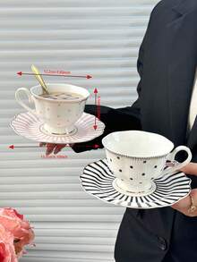 1pc Luxury Polka Dot Coffee Cup And Saucer Set, Classic Striped Polka Dot English Afternoon Tea Cup And Saucer, Ceramic Material, High-Temperature Painting Craft, Nordic Style, Minimalist, Creative, Mug/Coffee Cup/Afternoon Tea Cup - Multicolor - View 11