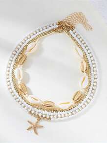 Set de 5 collares con colgantes de estrella de mar y conchas hechos a mano con estilo bohemio y capas para mujeres, adecuados para vacaciones en la playa, fiestas, fotografía, fiestas en la playa, reuniones junto a la fogata, accesorios de moda