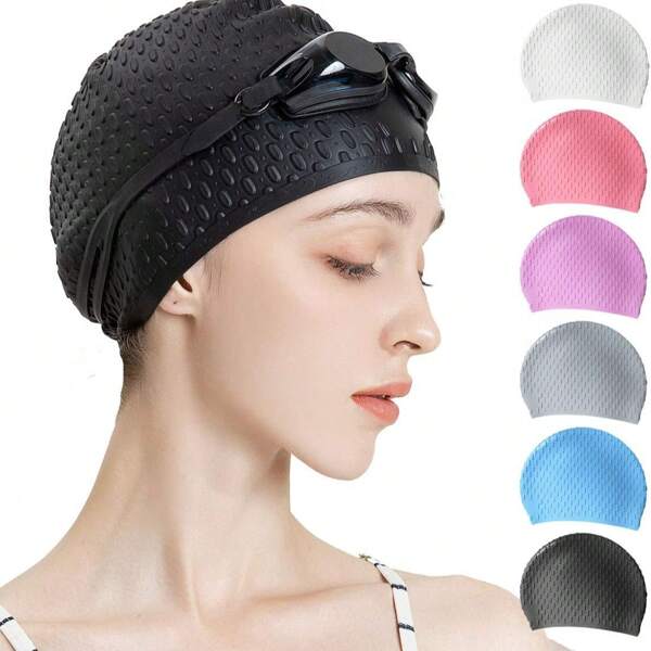Gorro de natación de silicona, diseño grueso y muy elástico, adecuado para hombres y mujeres con cabello largo/corto, impermeable y humectante, fácil de quitar