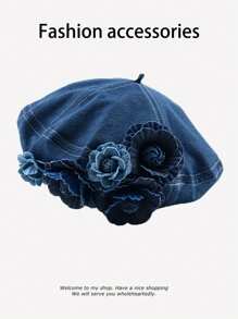 1pc Women's Washed Denim Beret Hat With Flower Embroidery, Fashion Minimalist Artist Hat, Elegant Retro Flat Top Octagonal Cap Suitable For Spring/Summer Outdoor, Shopping