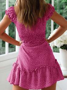 Women's Fashionable Ruffle Sleeve Mini Dress With Sweetheart Neckline And Summer Print - 玫紅色 - 查看 3