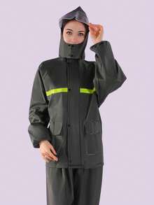 1 Set Heavyweight Raincoat & Pants Suit, Unisex Bike/Motorcycle/Electric Scooter Riding Reflective Waterproof Outfit - Army Green - View 6