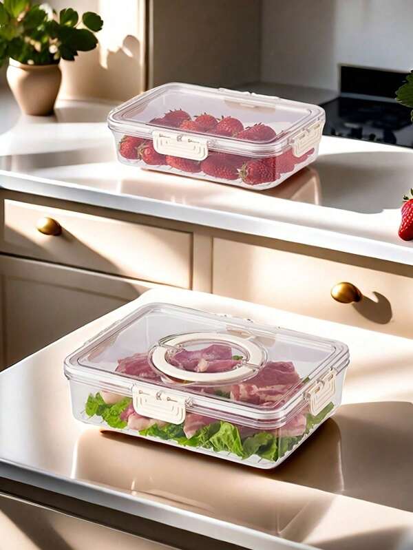 1pc Multi-Functional Refrigerator Vegetable, Fruit, Meat, Dessert Preservation Box, Transparent Plastic Food Container, Cookie Biscuit Jar, Sealed Lid Storage Box
