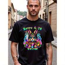 Camiseta novedosa divertida para hombres con un conejito de Pascua fumando "Happy 420", camiseta de regalo para hombres, mujeres, padres y amigos para uso diario, 100% algodón - Negro - Ver 1