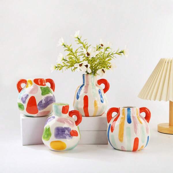 Decorazione a forma di teiera dipinta a mano con bambola carina, vaso in ceramica per la dopamina con fiori secchi/freschi, decorazione per sala da pranzo, soggiorno, studio