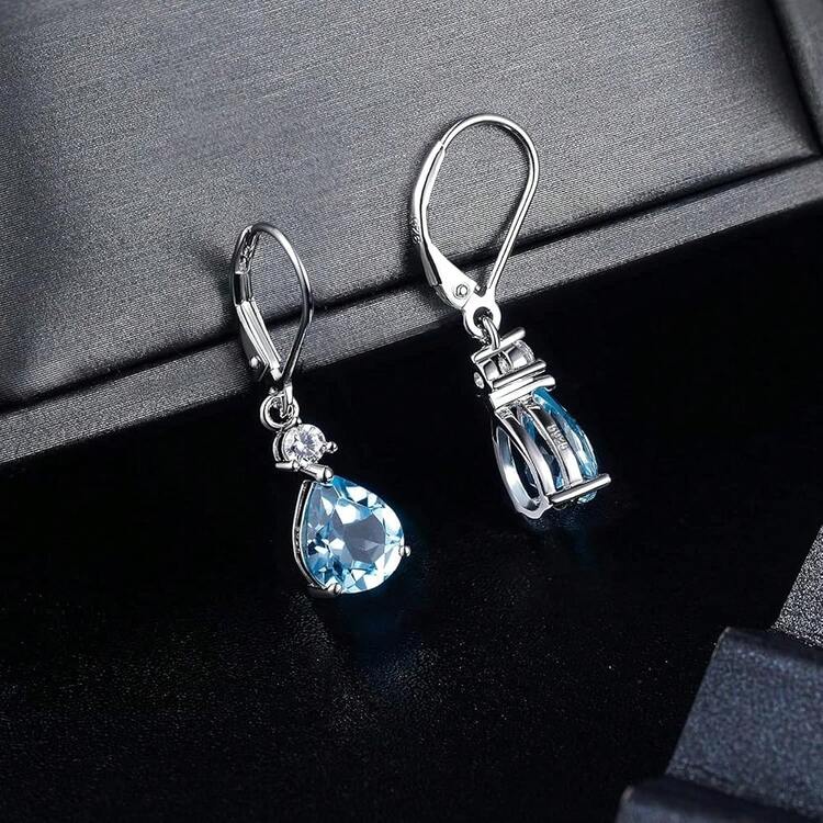 Nuevos pendientes colgantes de plata esterlina 92 con topacio azul/amatista/cuarzo arcoíris CZ en forma de lágrima con cierre de palanca, regalo de joyería de cumpleaños hipoalergénico para mujeres - B-Topacio azul natural - Añade 3