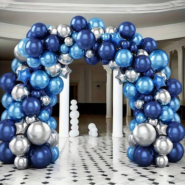 Set de 145 piezas de guirnalda de globos con tema azul, que incluye globos de látex azules y plateados, globos de aluminio en forma de estrella de cinco puntas azules y plateados, globos con patrón de ágata, adecuado para decoración de temporada de graduación y cumpleaños
