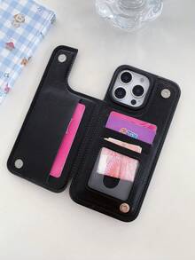 1 pieza Funda de teléfono móvil multifuncional con palmera, edificios y patrón colorido que puede almacenar tarjetas de crédito, tarjetas bancarias y monedas, adecuada para todos los modelos de teléfonos móviles Apple, puede usarse para los modelos 11/12/13/14/15/16/Pro/Plus/Pro Max/16e - Negro - Ver 2