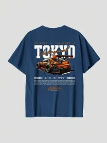 Camiseta de algodón acanalado para hombre, estampado del club de superdeportivos, ropa deportiva de estilo universitario para primavera y verano, camiseta de manga corta azul vaquera suave y transpirable para hombre. - Azul vaquero - Ver 3