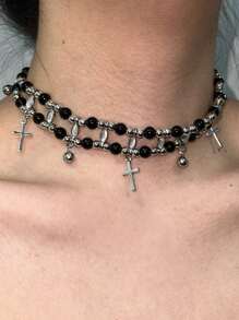 1 pièce Collier ras-du-cou style gothique avec croix à plusieurs couches et perles, en alliage, multicolore, convient pour les fêtes, les dîners, les anniversaires, les cadeaux de vacances