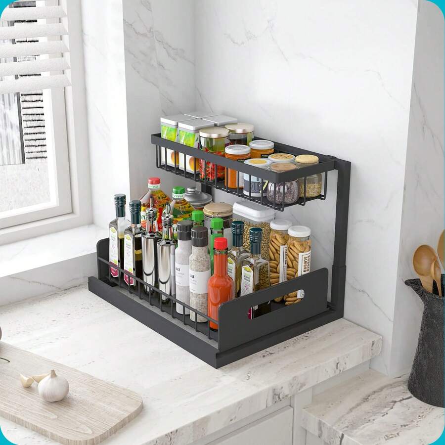 Under Sink Organizer, Pull Out Cabinet Storage 2 Tier Slide Out Sink Shelf, Kitchen Organizers And Storage, Black, 1 Pack - màu đen - Xem 1