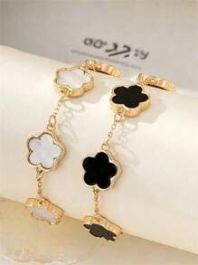 2pcs/Set Fashion Classic Style Bracelet | Black & White Clover Bracelet Set | Suitable For Daily Wear And Gift Giving, Couple Gift
