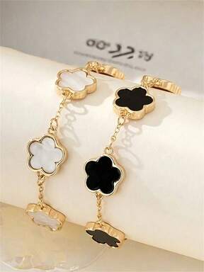 Set de 2 pulseras de estilo clásico de moda | Pulsera de trébol negro y blanco | Adecuado para uso diario y como regalo, regalo de pareja