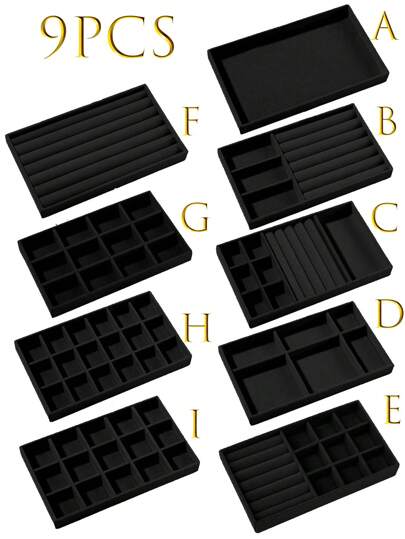 9/1 Pc, Black Velvet Jewelry Tray, Large Capacity Jewelry Storage Box, Independent Compartments, Stackable Jewelry Display Stand, Can Accommodate Earrings, Necklaces, Bracelets, Rings, Hairpins, Hair Bands, Etc. Valentine's Day Velvet Jewelry Tray
