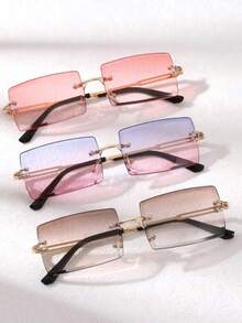 3pcs Women's Classic Square Frame Metal Frame Y2K Blue Double Bridge Glasses Set Rectangular Shape Women Fashion Glasses Shades - Multicolor - View 7