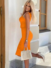女士梦幻中长款紧身连衣裙夏季绷带连衣裙橙色缀饰优雅婚礼晚会鸡尾酒会礼服性感服装 - 橘色 - 查看 4
