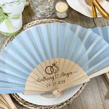 Personalized Engraved Wedding Hand Fan, Customized Wooden Handle Fabric Folding Handheld Fan, Party Favor Guest Gift, Sage Green, Bulk Pack - Multicolor-xYBSZ1 - View 9