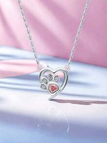 1 Stück 925 Sterling Silber hypoallergene Halskette mit Herz-förmigem Design und Katzen-Pfoten, eingelegt mit funkelndem rosa synthetischem Zirkonia - süß und reizend, perfekt für Mädchen im Frühling/Sommer Alltag, ein ideales Geburtstags-/Feiertagsgeschenk für Töchter und Enkelinnen