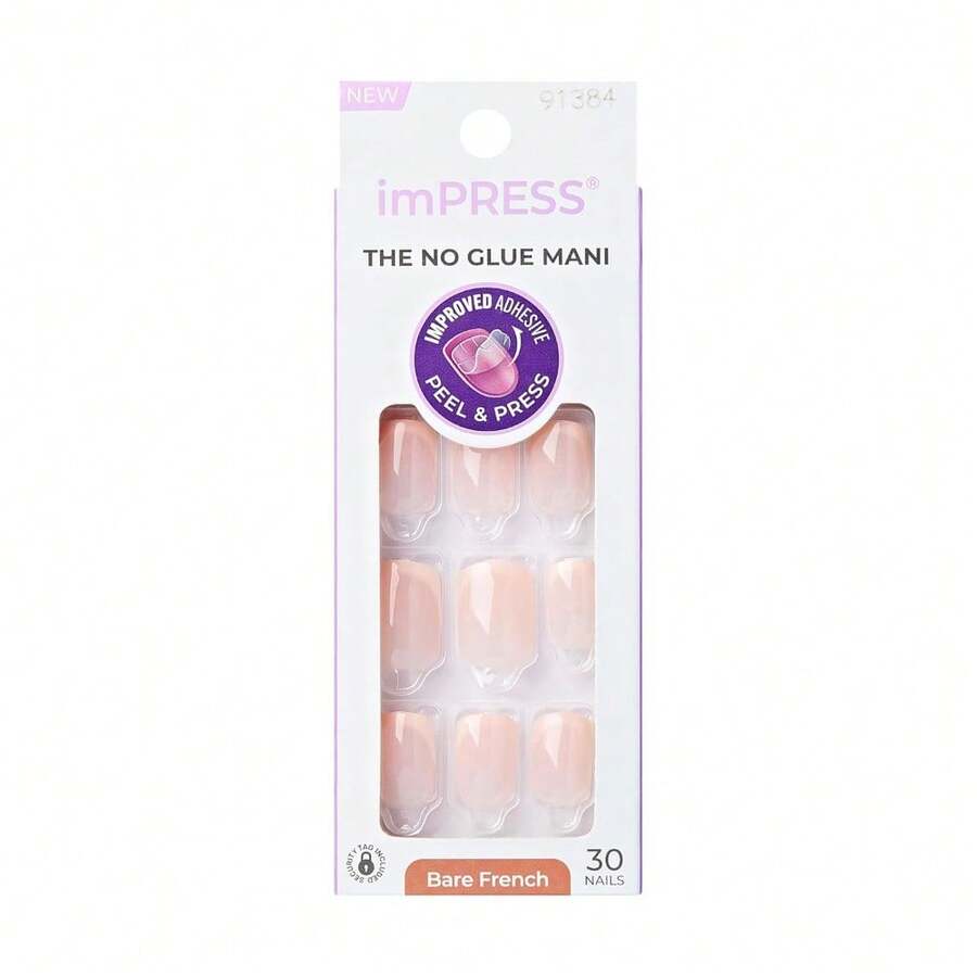KISS ImPRESS No Glue Mani Press On Nails, French, 'Heroic', Light Neutral + White Tip French, Short Size, Squoval Shape, Includes 30 Nails, Prep Pad, Instructions Sheet, 1 Manicure Stick, 1 Mini File - 英勇 - 查看 1