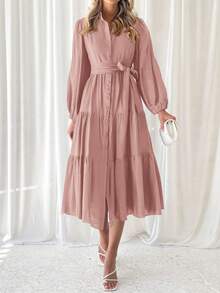 Women's Dresses Long Sleeve Dresses Casual V Neck Tie Button Down Flutter Tie Waist Shirt Dresses - Hồng - Xem 1